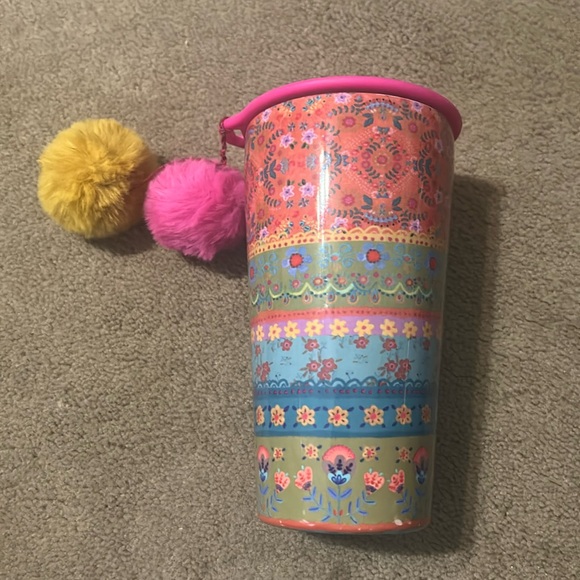 Natural Life Tumbler Orange Borders Stainless Steel Pom-Pom 15 oz. - Picture 1 of 2